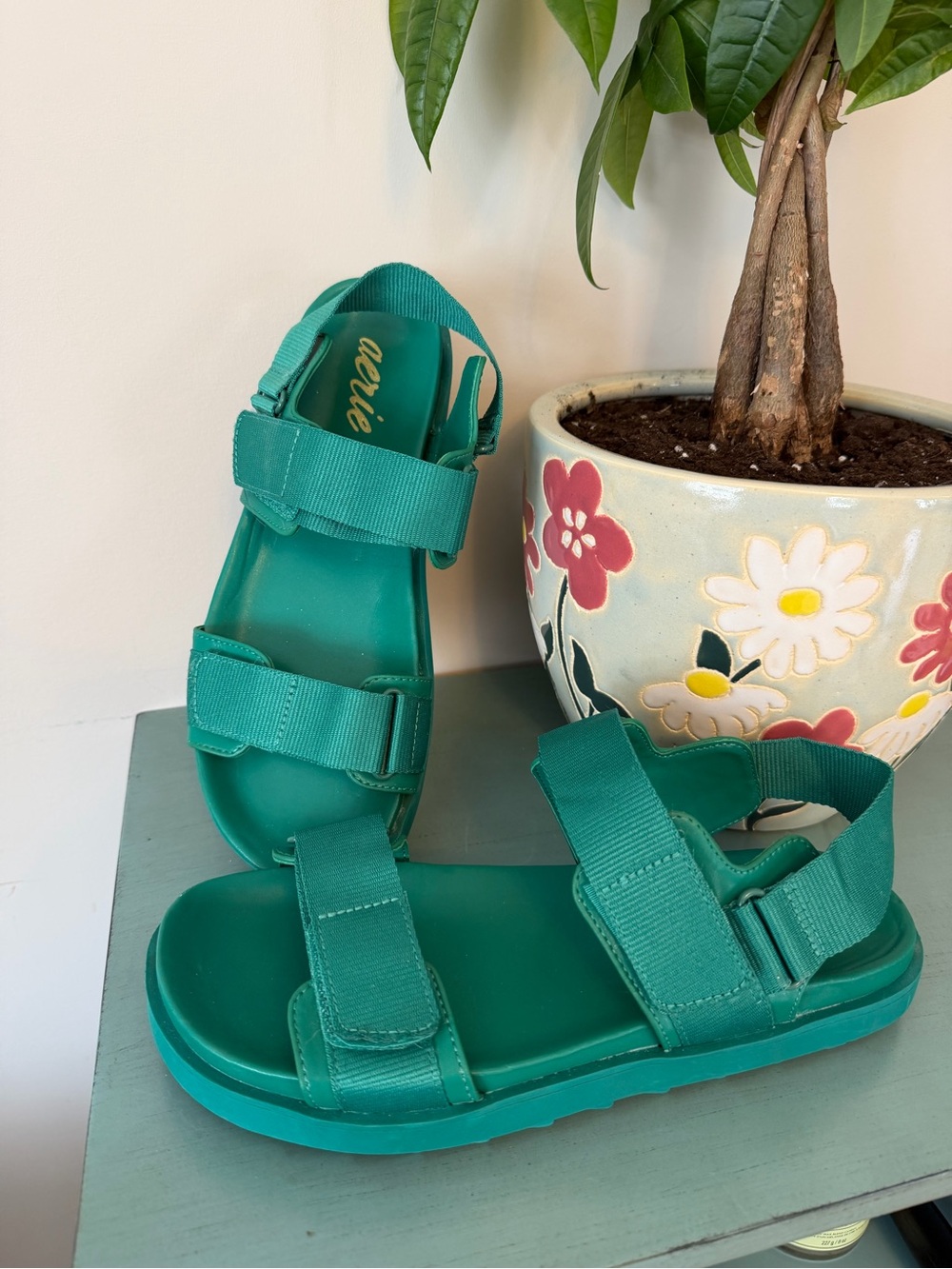 Aerie Bright Teal Platform Sandals with Wide Velcro Strap